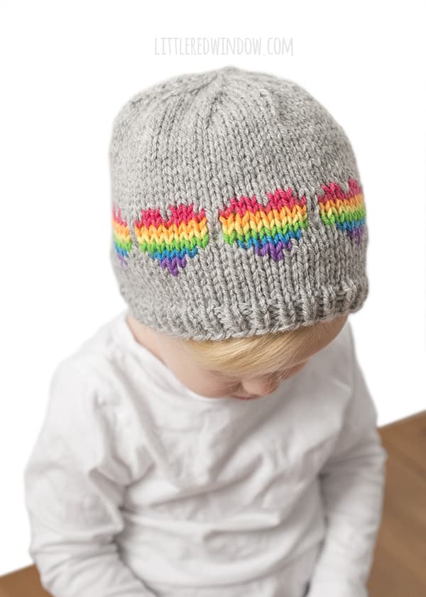 Fair Isle Rainbow Hearts Hat Knitting Pattern for newborns, babies and toddlers! | littleredwindow.com