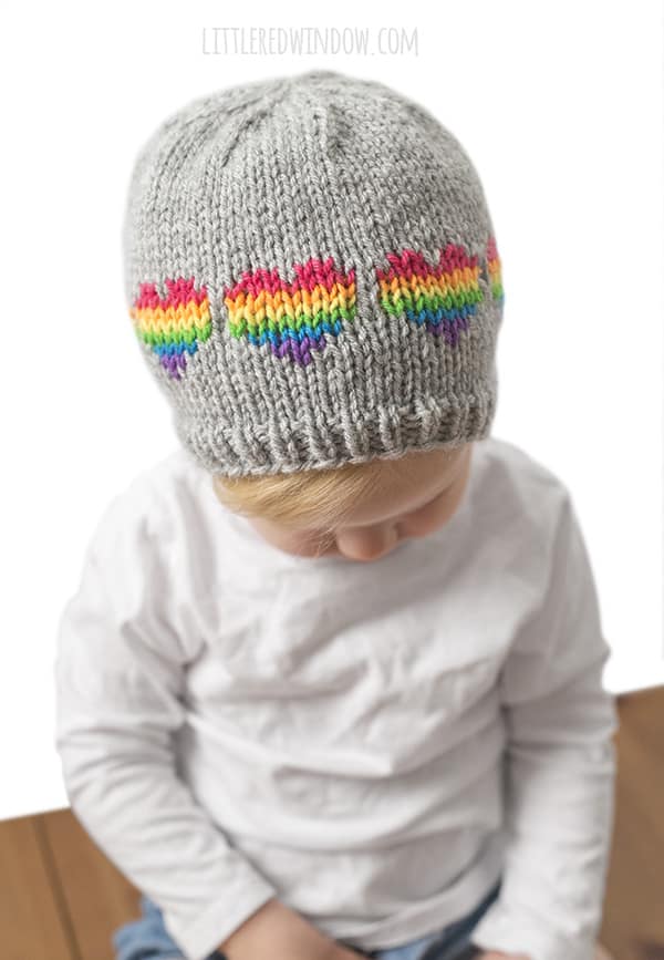 Fair Isle Rainbow Hearts Hat Knitting Pattern for newborns, babies and toddlers! | littleredwindow.com