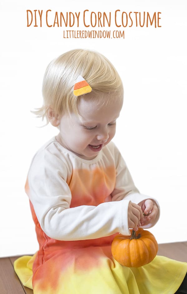 DIY Candy Corn Costume and Candy Corn hair clip, perfect easy costume for Halloween! | littleredwindow.com