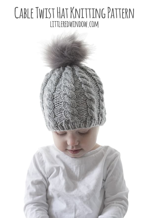 Twist Cable Hat Pattern for newborns, babies and toddlers! This cute cable pattern and faux fur pom pom will look adorable on your little one this winter, time to start knitting! | littleredwindow.com