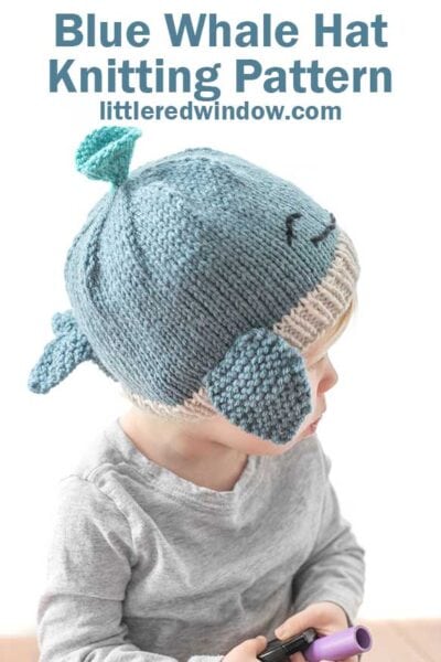 Toddler in a gray shirt wearing a blue knit whale hat in front of a white background looking off to the right