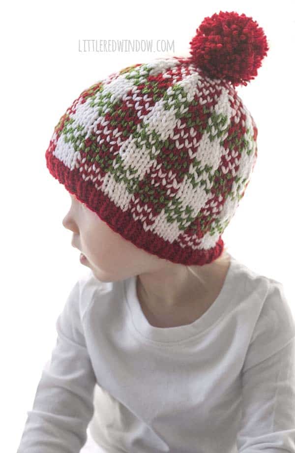 Cute trio of Christmas Plaid Hat knitting patterns, these adorable plaid hats in bright holiday colors make great gifts and will look so cute in photos! 