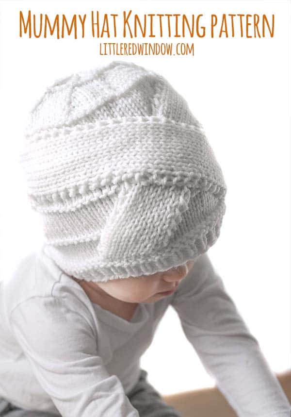 Halloween Mummy Hat Knitting Pattern, this cute hat makes for an easy DIY Halloween costume, just add a white onesie! 