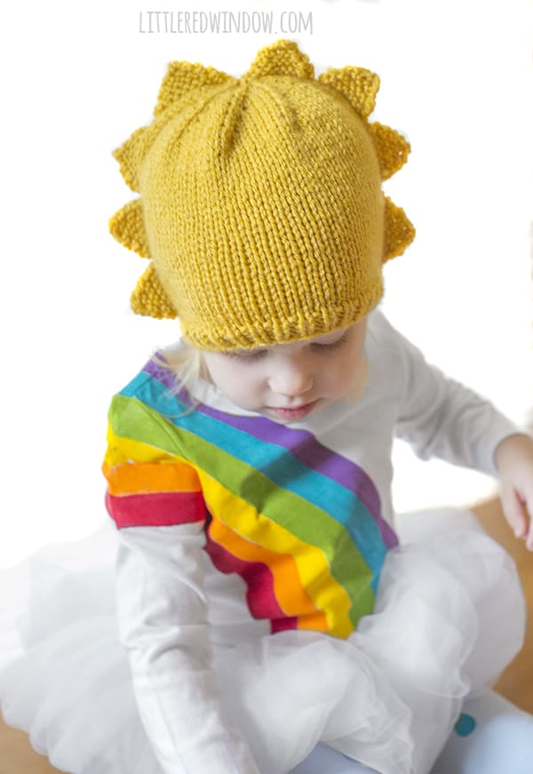 Golden Sun Hat knitting pattern, a fun, charming, bright pattern for your little sunshine, in newborn, baby and toddler sizes!
