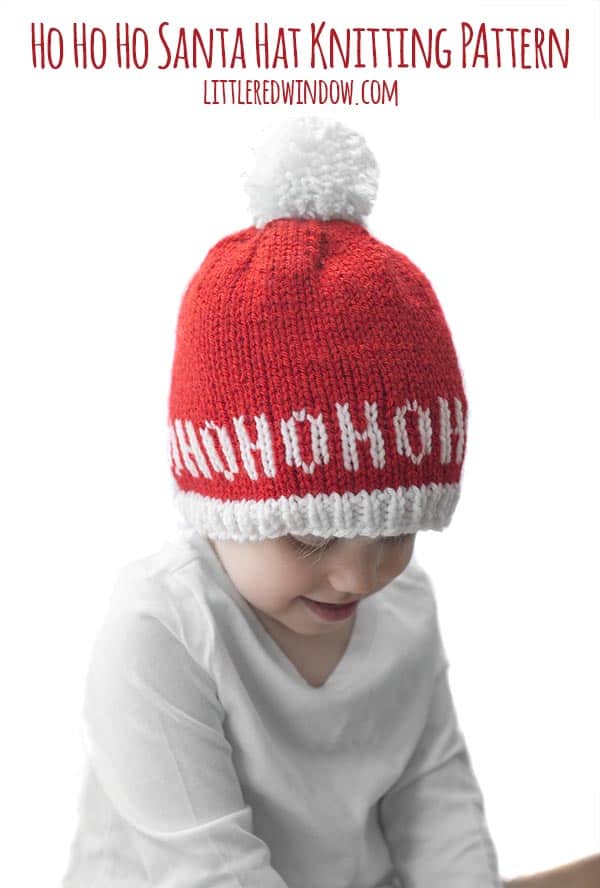 Ho Ho Ho Santa Hat Knitting Pattern, this adorable hat says, "Ho Ho Ho" all around the brim, perfect to knit for your favorite baby or toddler for Christmas!