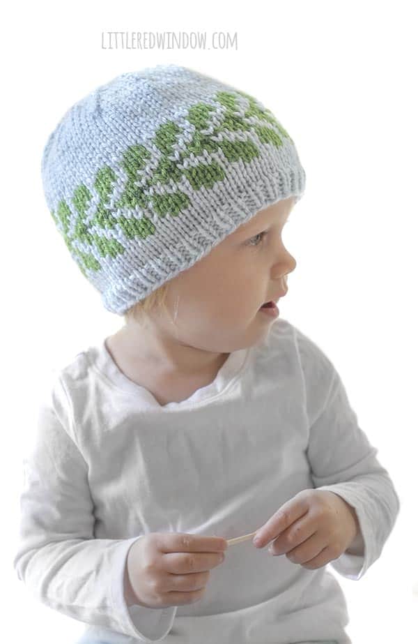 Vine Hat knitting pattern, a gorgeous pattern of green leaves around the brim, perfect to knit for your baby or toddler!