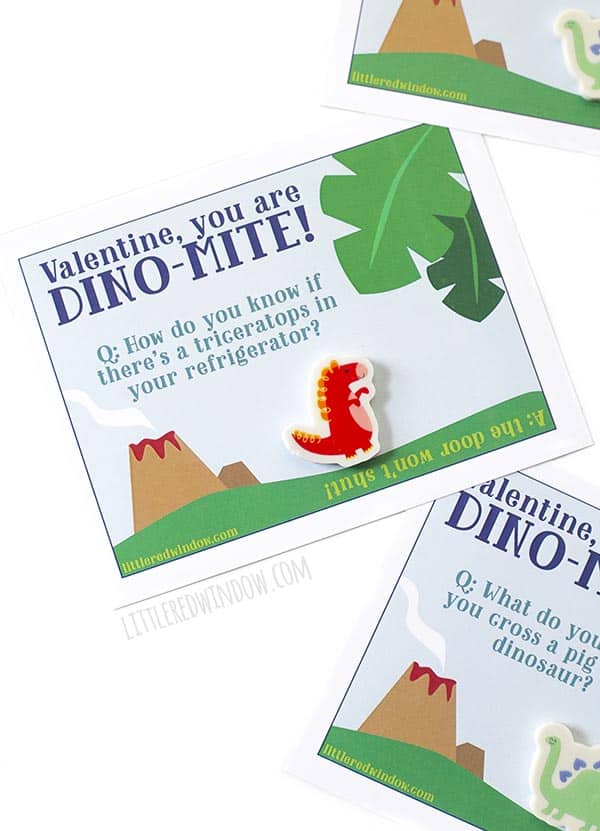 Free Printable Dinosaur Valentines with jokes, perfect for elementary school!