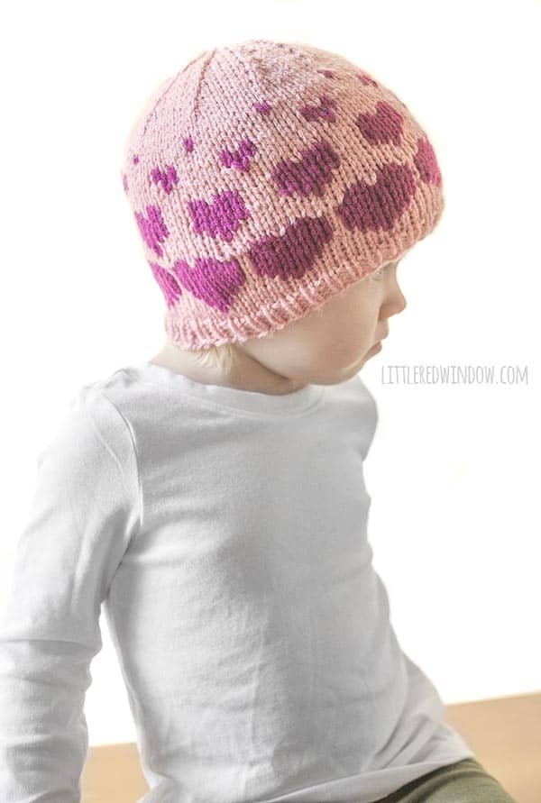 Side view of Valentine Floating Hearts Hat knitting pattern! 