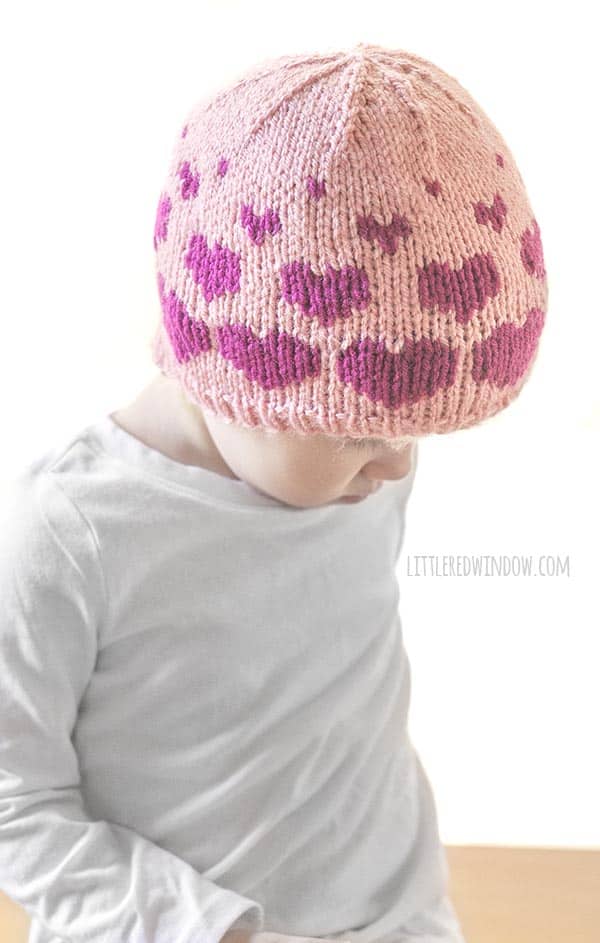 Top view of Valentine Floating Hearts Hat knitting pattern!