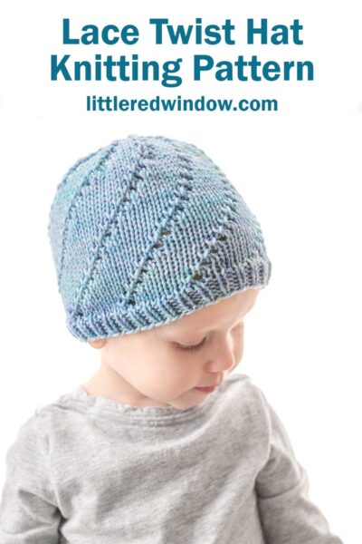A young child wearing a light blue and purple Lace Twist Hat looks down. The text "Lace Twist Hat Knitting Pattern" and "littleredwindow.com" is displayed at the top of the image. The child also wears a light gray shirt.