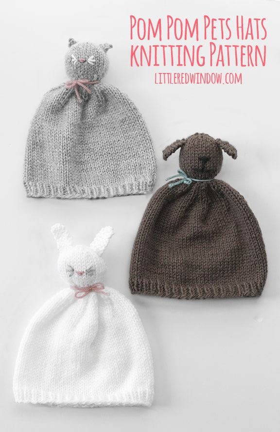 The Pom Pom Pet Hats knitting pattern is such a fun knit for babies and toddlers, they're like adorable wearable stuffed animals!
