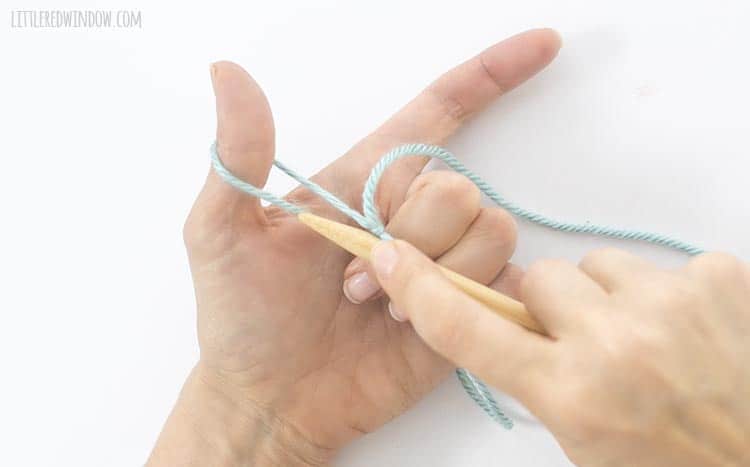 Sweep the right needle down to start a backward loop cast on