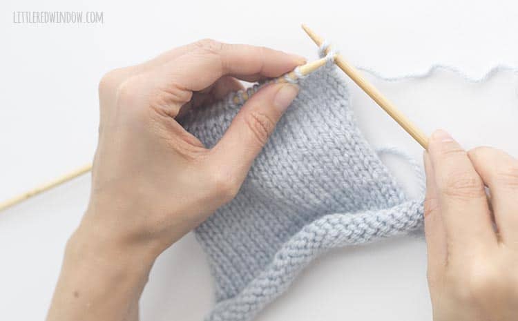 To bind off knit stitches, use the tip of the left needle to lift the first stitch up and over the second stitch and off the right needle