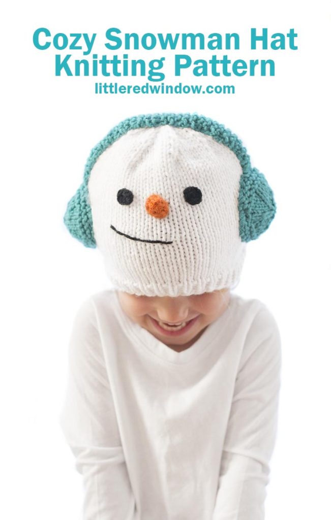 This cute and cozy snowman hat knitting pattern is complete with warm earmuffs, a carrot nose and a sweet smile, it's the perfect winter knitting project  to knit for you baby or toddler!