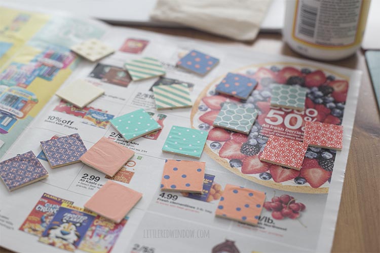 Use decoupage glue to decorate your DIY travel matching game tiles with fun colorful scrapbook paper