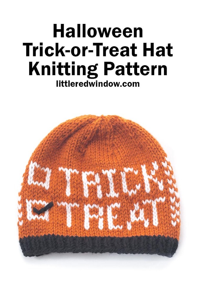 The Trick or Treat Hat knitting pattern is the perfect hat to knit for your bay or toddler this Halloween!