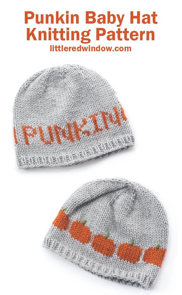 This cute Halloween Punkin Hat knitting pattern is a fun fair isle pattern with a row of cute pumpkins on the back!