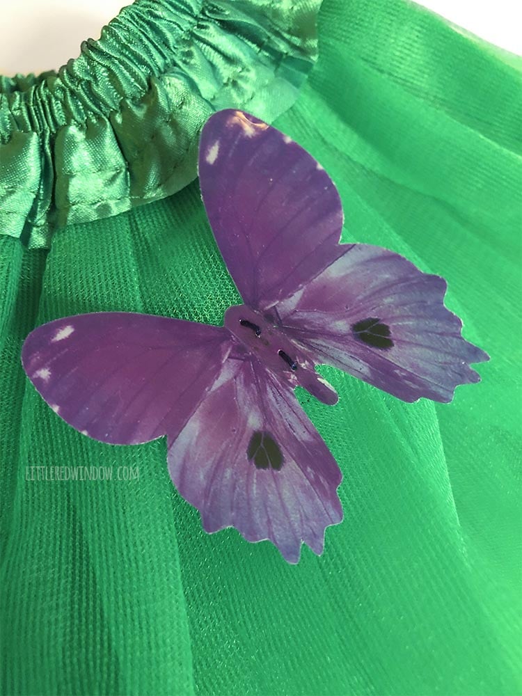 Attach the butterflies to your butterfly garden costume with a few stitches with needle and thread through the body of the butterfly!