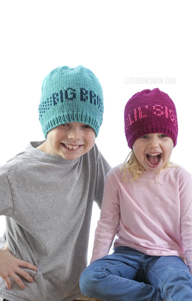 Big Bro & Lil' Sis hats are easy and fun to knit with the Sibling Hats knitting pattern!