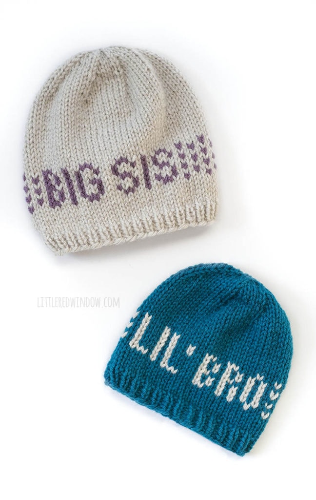 The Sibling Hats knitting pattern has instructions and 6 easy colorcharts to knit any sibling combination in any of 5 sizes! Inclues Big Bro, Lil' Bro, Big Sis, Lil' Sis, Big One & Lil' One!