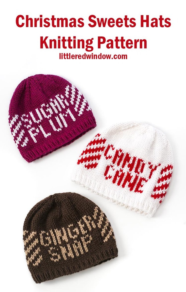 These adorable Christmas Sweets hats are perfect for the holiday season, choose to knit "Sugar Plum," "Candy Cane" or "Ginger Snap" designs in any of 4 sizes!