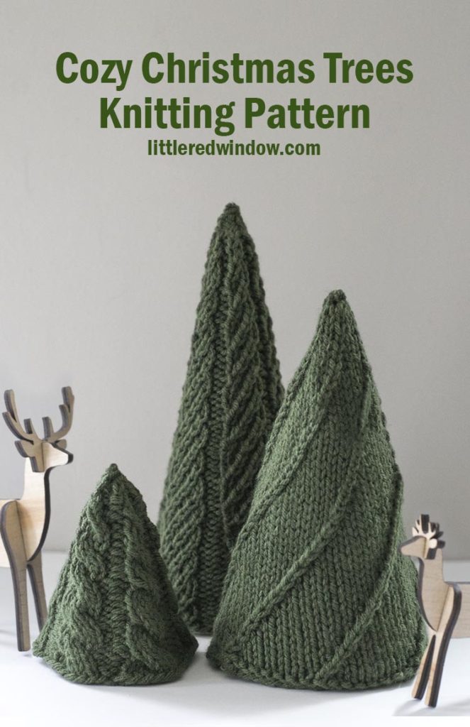 Knit three adorable Christmas trees for the holiday season with the EASY Cozy Christmas Tree Knitting Patterns!