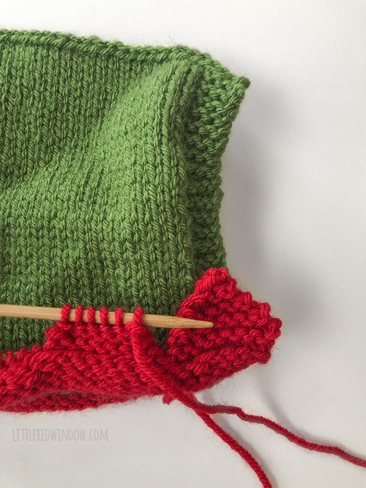Work with double pointed needles and only 8 stitches at a time to knit the pointed brim of the Elf Pixie Bonnet!