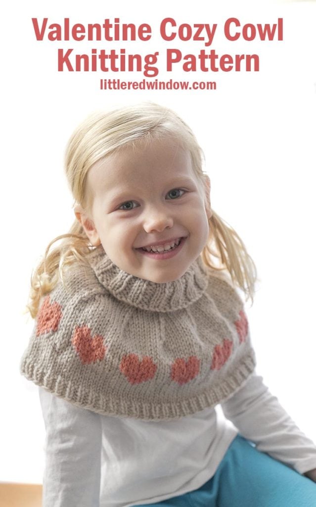 The Valentine Cozy Cowl knitting pattern has an adorable fair isle heart pattern, a soft & warm ribbed fold over neck and can be knit in sizes from preschool to child's large!