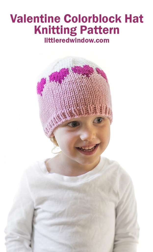 This cute Valentine Colorblock Hat knitting pattern has a fun row of hearts all the way around, knit one for your baby or toddler!