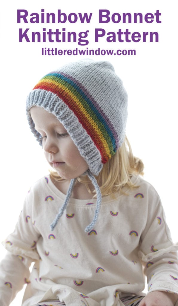 Fun & Colorful Rainbow Bonnet knitting pattern is a joy to knit! Perfect for your baby or toddler!