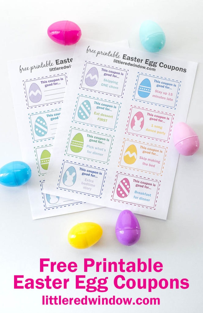 Print these cute printable Easter egg coupons and hide them inside your Easter eggs for a fun and candy free Easter!