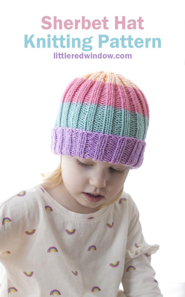 Easy Sherbet Baby Hat knitting pattern is folded brim ribbed hat in fun bright pastel sherbet colors!