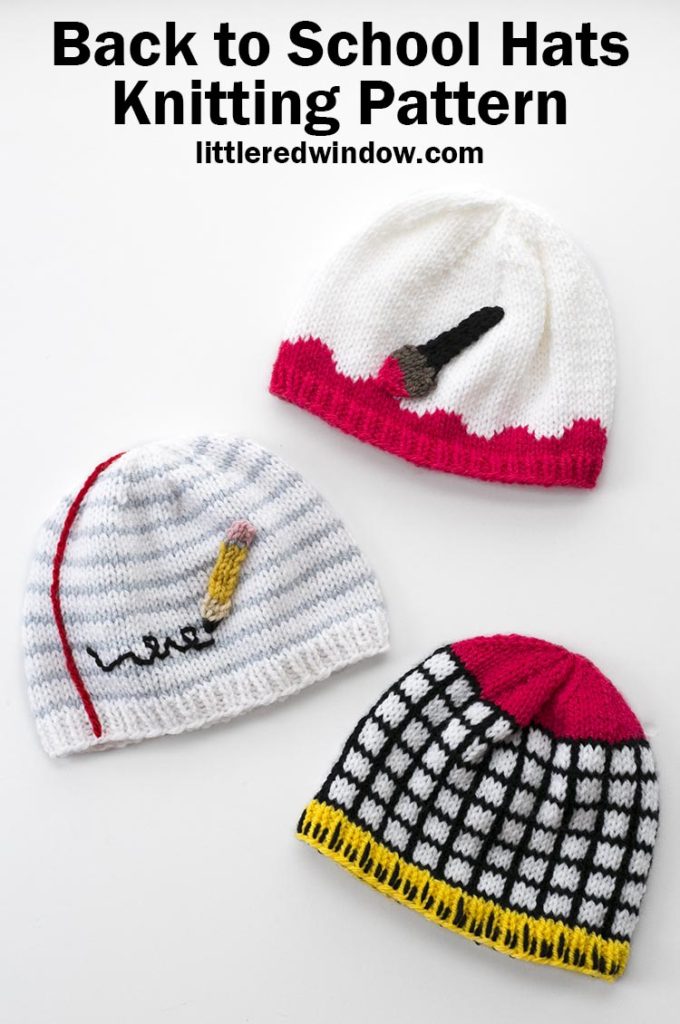 This adorable collection of Back to School Hats knitting patterns includes instructions for a paintbrush hat, notebook paper & pencil hat and graph paper & ruler hat, perfect for Fall or your favorite teacher friend!