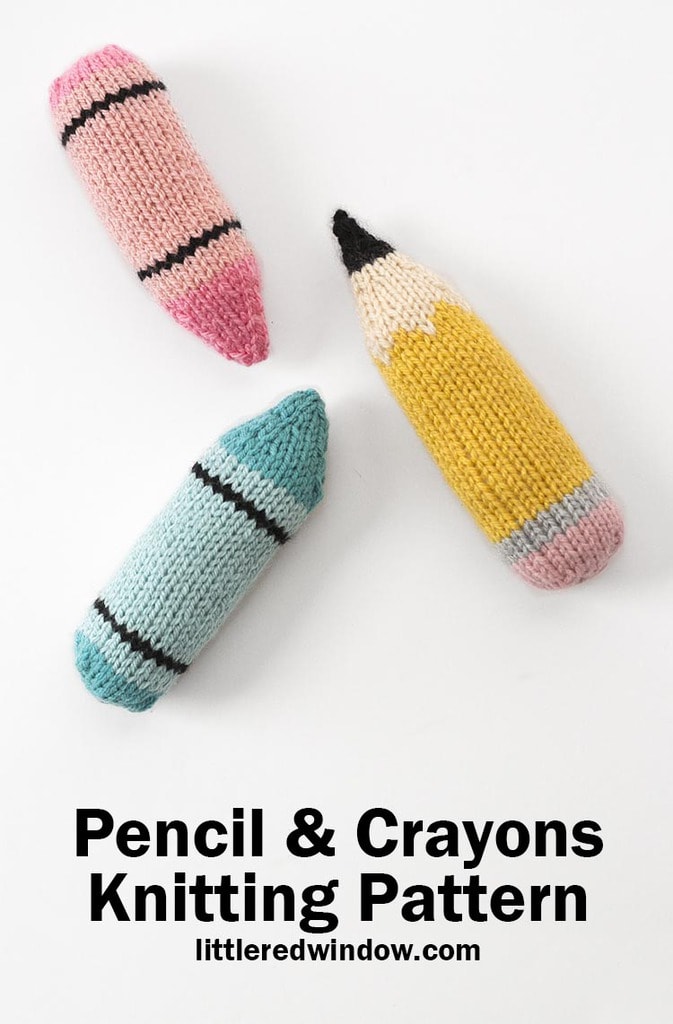 Adorable pencil and crayon knitting pattern makes the perfect gift for your favorite teach or back to school!