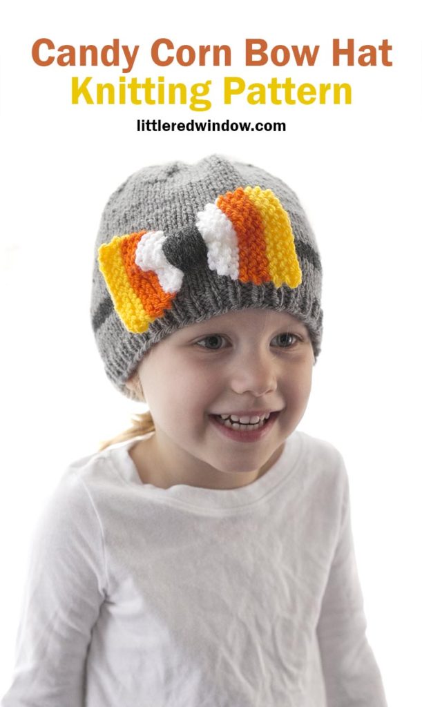 Grab this candy corn bow hat knitting pattern and knit your own cute Halloween baby hat with a bow made of candy corn!