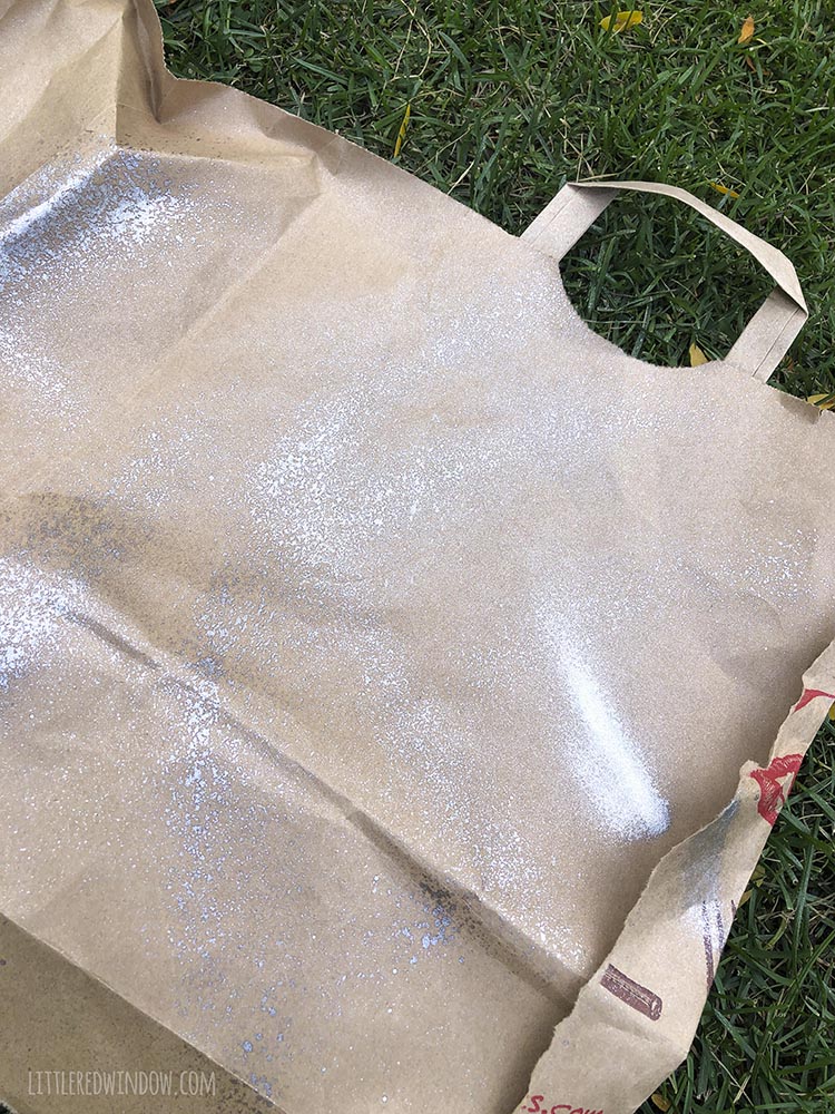 brown paper bag with silver sparkle spray tested on it 