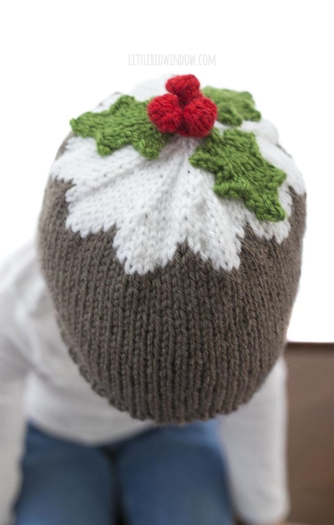 Top view of knit hat that looks like figgy pudding