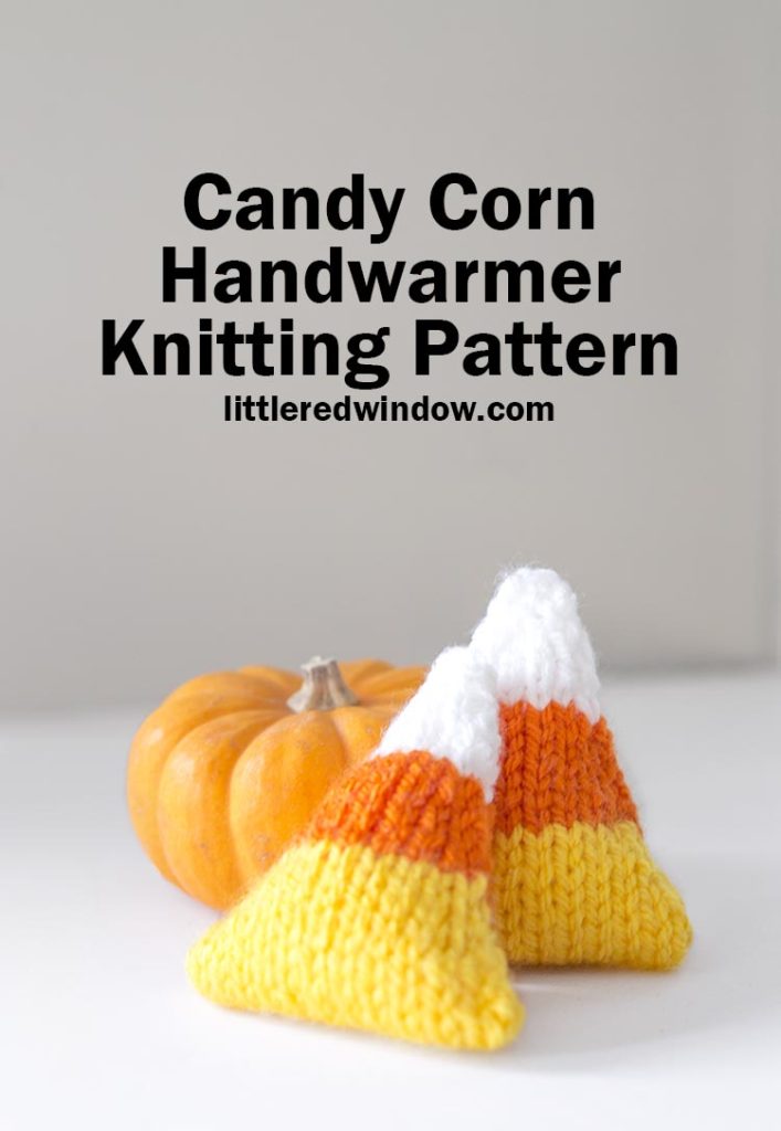 This adorable knit candy corn handwarmer knitting pattern is filled with rice to heat and tuck in your pockets to keep you toasty warm this October!