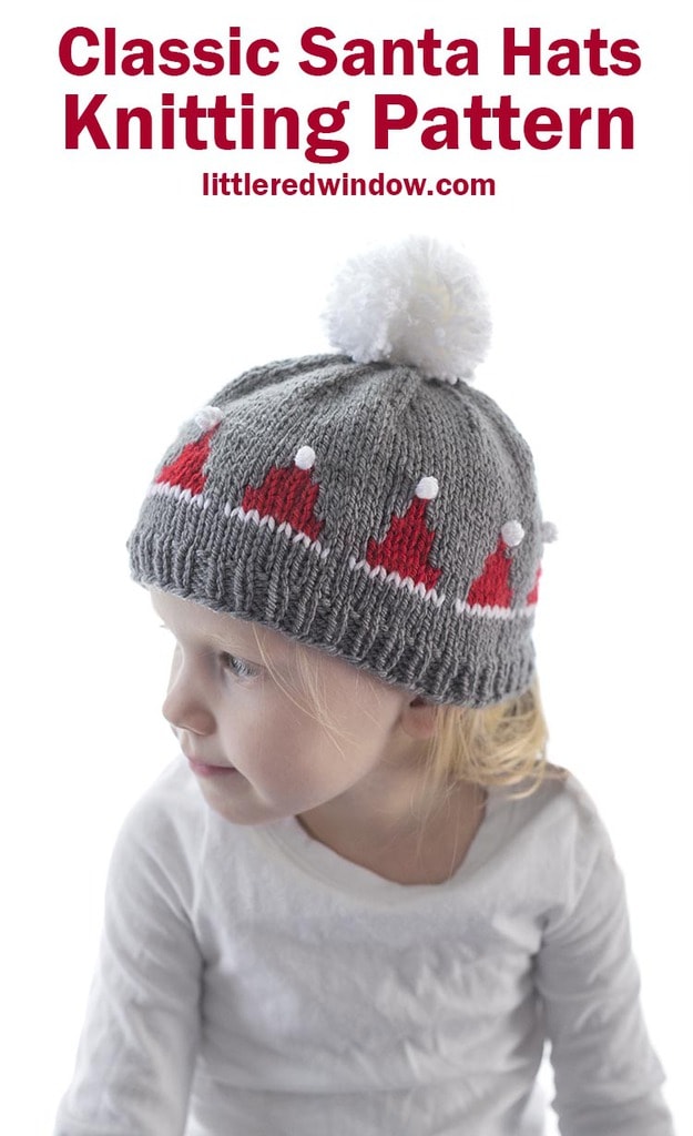This adorable Classic Santa Hats Knitting Pattern is a super fun knit, the little santa hats even have white pom poms on top, perfect for your baby or toddler this Christmas!