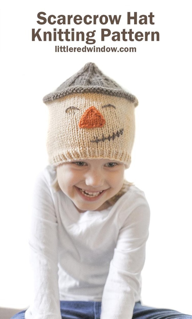 Knit up an adorable scarecrow hat knitting pattern with a sweet smile for your baby or toddler this fall!