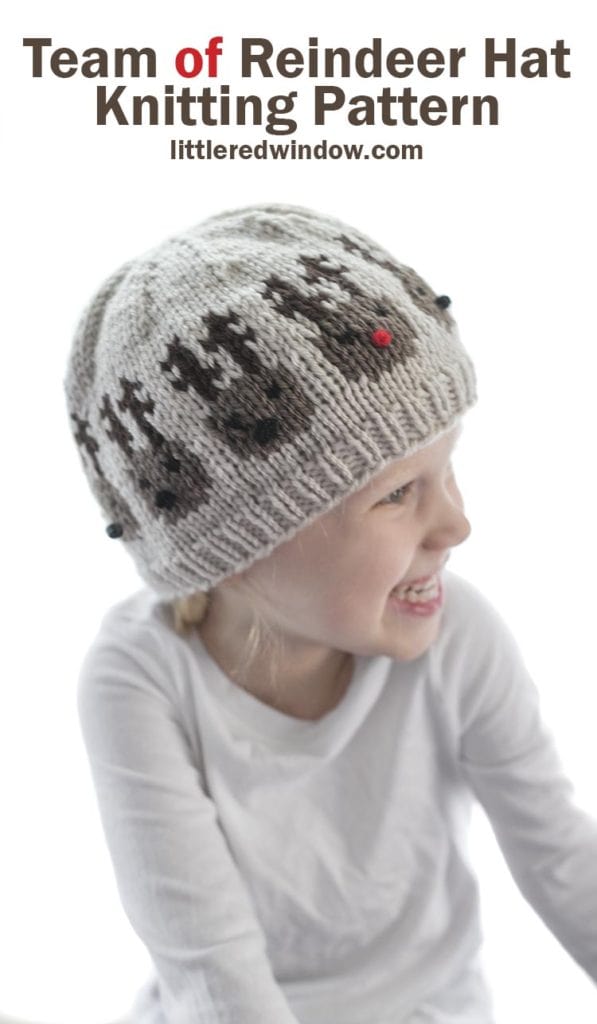 This cute little team of reindeer hat knitting pattern has an entire team of cute reindeer around the brim ready to pull Santa's sleigh! 