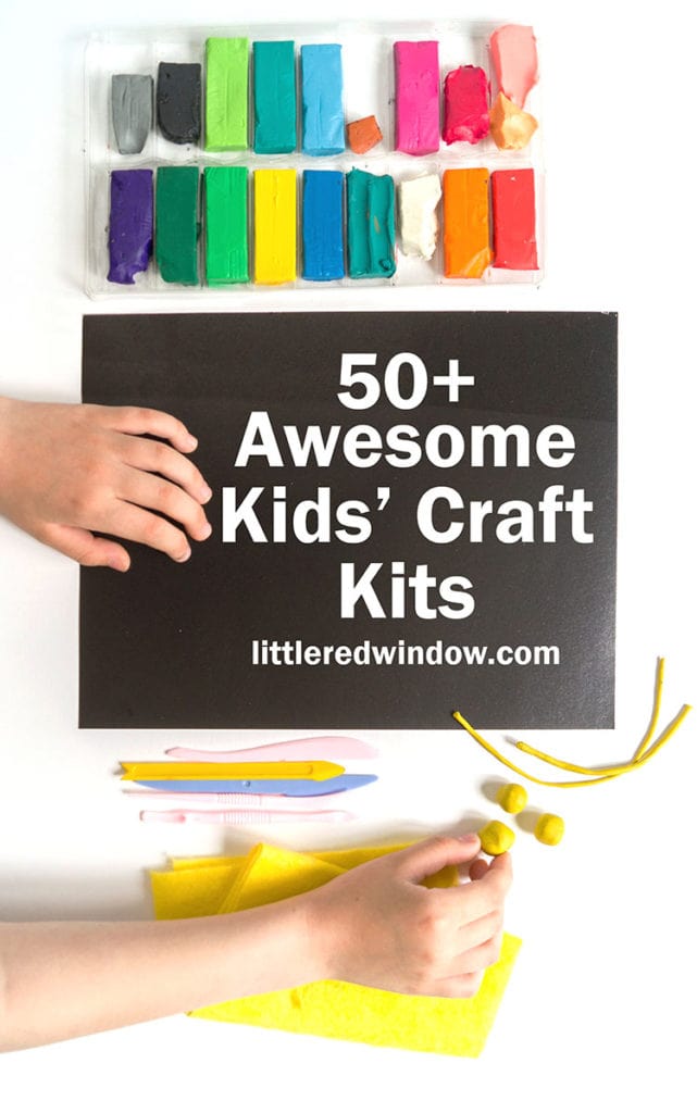 black paper a childs hands colorful blocks of clay and the words 50 plus awesome kids craft kits
