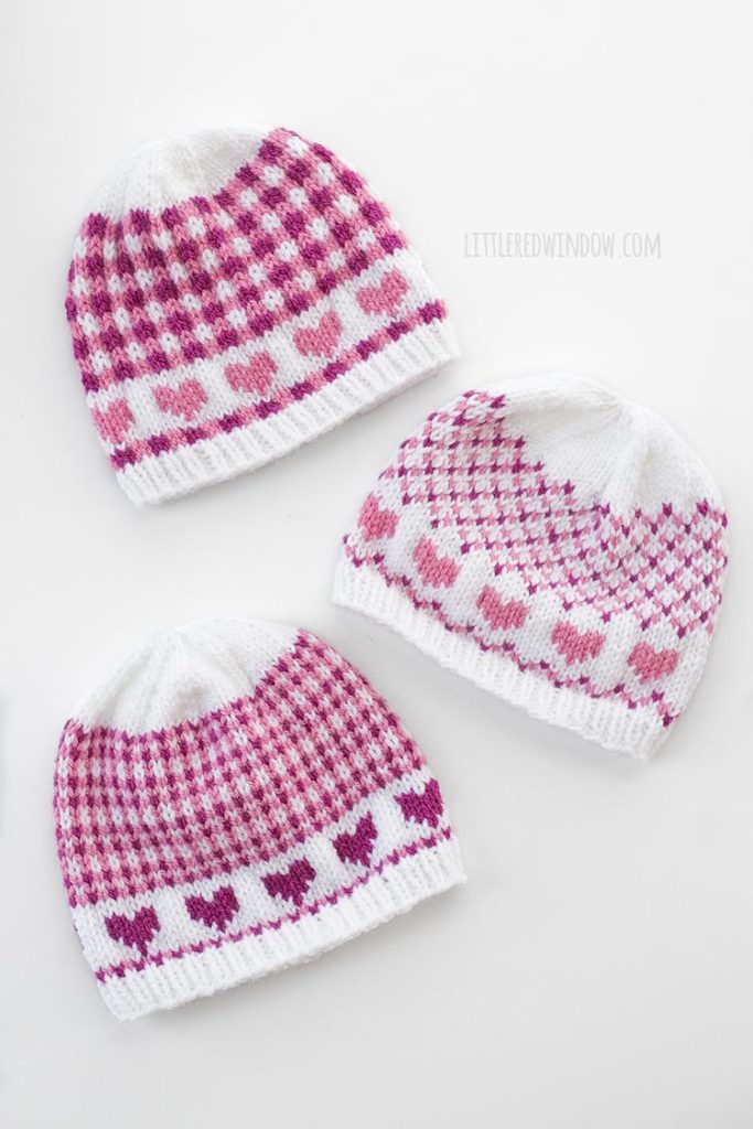Mix and match all three patterns in any of four sizes for your baby or toddler with this cute Valentine Plaids Hats knitting pattern!
