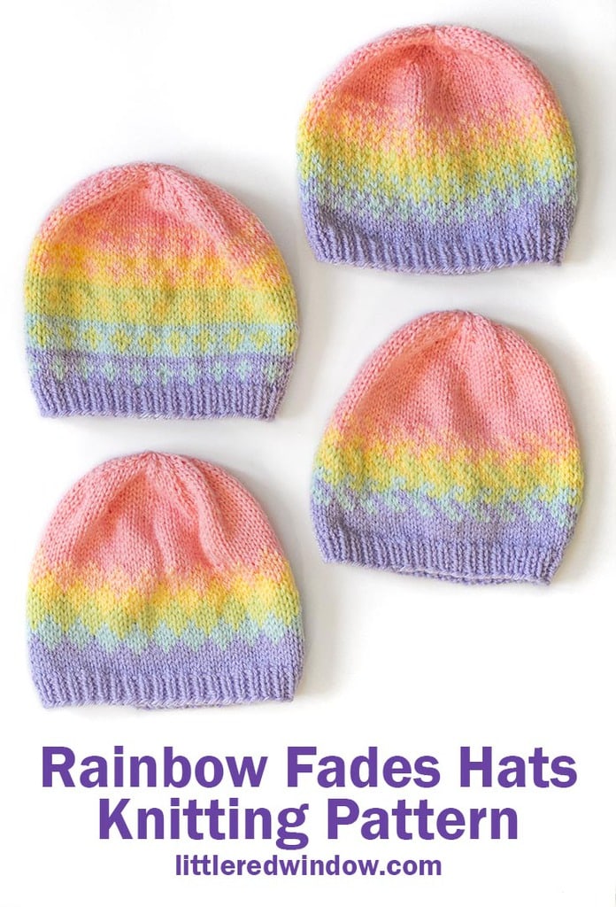 Knit any of four different rainbow fades hats in any of four sizes with this cute baby hat knitting pattern!