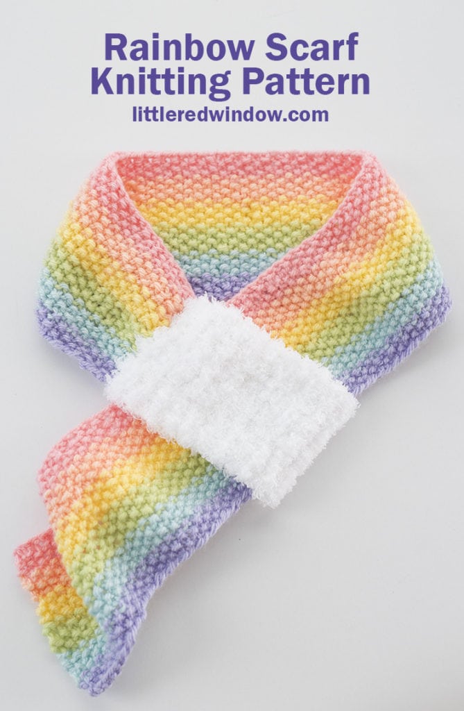 This adorable rainbow scarf knitting pattern has pretty rainbow stripes and soft fluffy cloud loop at one end that makes this scarf super easy to put on!