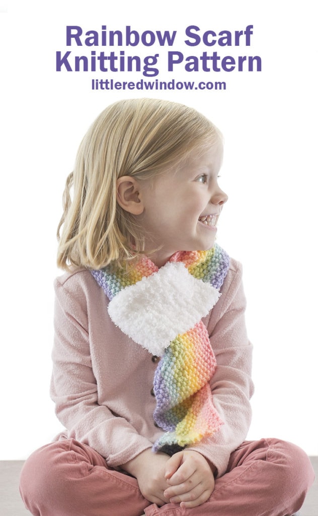 This adorable rainbow scarf knitting pattern has pretty rainbow stripes and soft fluffy cloud loop at one end that makes this scarf super easy to put on!