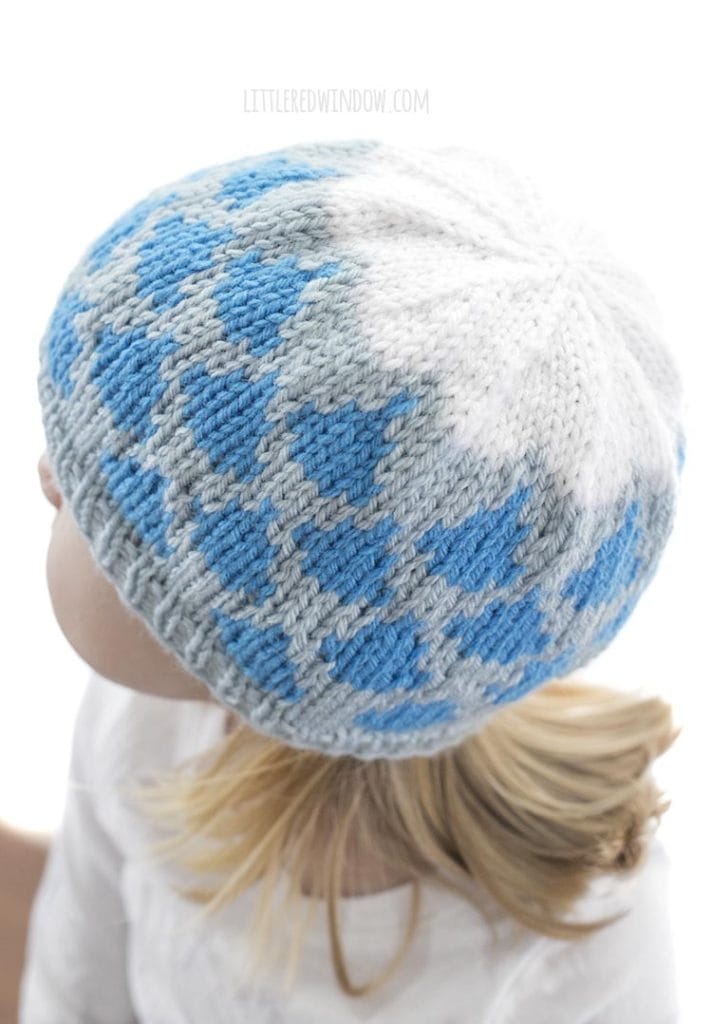view of the top back of the raindrop hat knitting pattern to show the white cloud on top