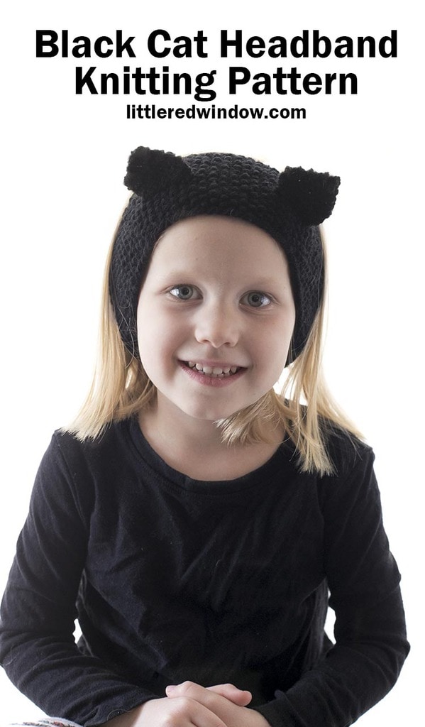 Smiling girl wearing knit black headband with cat ears on top