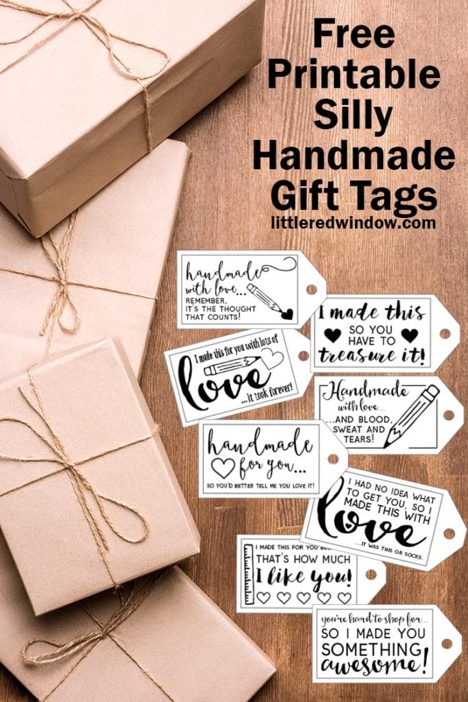 brown paper wrapped gifts on a wood background with black and white silly handmade gift tags scattered around