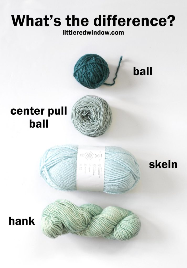 white graphic showing labeled ball center pull ball skein and hank of yarn in shades of light blue and green on a white background